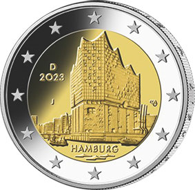 Die nationale Seite der Münze zeigt die Elbphilharmonie. Die Länderbezeichnung „Hamburg“ verknüpft das abgebildete Bauwerk mit dem Bundesland. Auf dem inneren Kern befinden sich ferner das Ausgabejahr 2023, die Kennzeichnung „D“, das Münzzeichen der jeweiligen Prägestätte („A“, „D“, „F“, „G“ oder „J“) sowie die Initialen des Künstlers. Der äußere Ring der nationalen Seite zeigt die zwölf Europasterne.