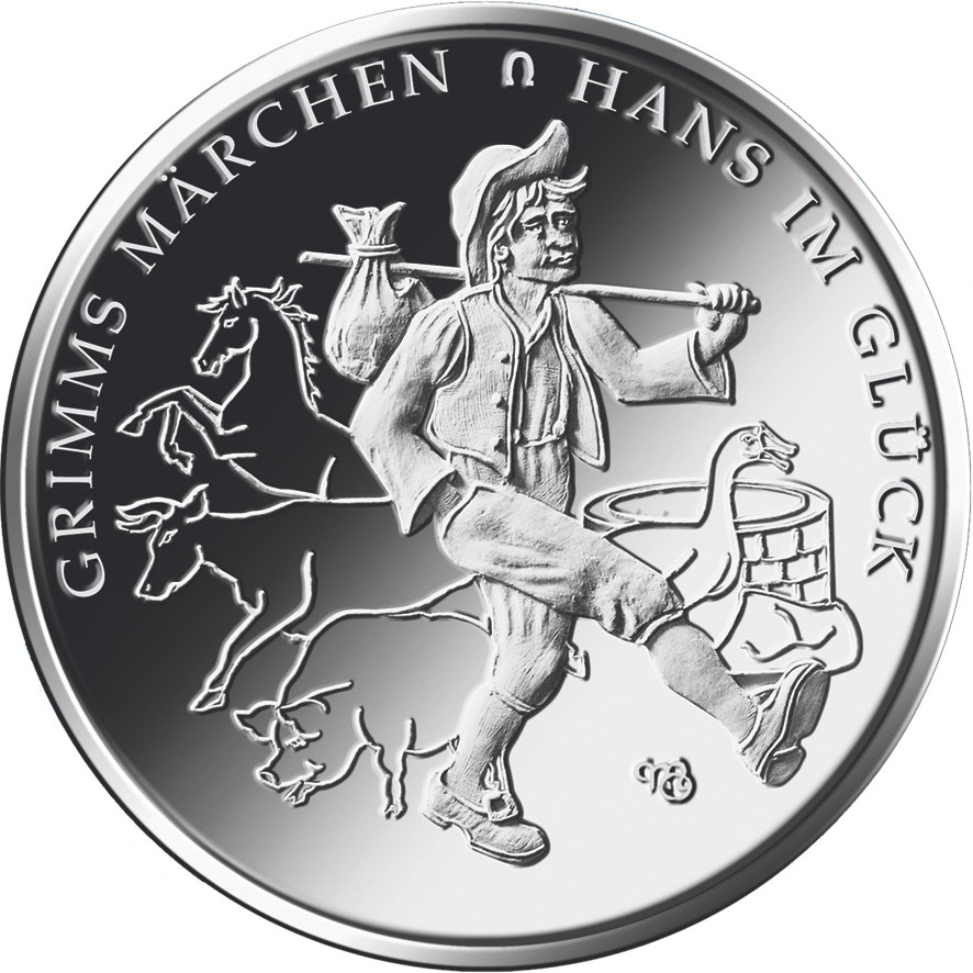 Die Münze zeigt auf der Bildseite eine Komposition der wichtigsten Elemente des Märchens. Während Hans im Vordergrund in die Welt zieht, sind die Tauschobjekte im Hintergrund angeordnet. Die Umlaufschrift lautet „Grimms Märchen Hans im Glück“.
