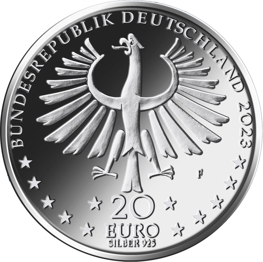 Die Wertseite der Münze zeigt einen Adler, den außen umlaufenden Schriftzug „Bundesrepublik Deutschland“ mit der Jahresangabe „2023“ und den zwölf Europasternen. Unten stehen mittig untereinander die Wertziffer „20“, die Wertbezeichnung „Euro“ und die Angabe „Silber 925“. Rechts unterhalb des Adlers befindet sich das Prägezeichen „F“.