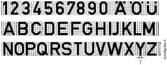 Es werden beispielhaft alle Buchstaben des Alphabets nebst Umlauten in einem Gitternetz in Mittelschrift nach DIN 1451-2:1986-02 in schwarz sowie alle Zahlen von 1 bis 0 einschließlich der 0 dargestellt.