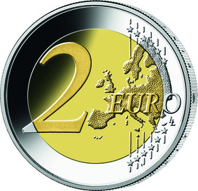 Die Wertseite entspricht der 2-Euro-Umlaufmünze. Neben einer großen „2“ auf der linken Seite befindet sich rechts eine Europakarte mit nach außen führenden Linien zu den zwölf Europasternen.