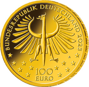 Die Wertseite zeigt im Zentrum der Münze einen Adler mit umlaufendem Schriftzug „Bundesrepublik Deutschland“ und die Jahreszahl „2023“ im oberen Bereich sowie die zwölf Europasterne, das Prägezeichen „A“ im unteren Bereich der Münze. Unter dem Adler befinden sich untereinanderstehend die Wertziffer „100“ und die Wertbezeichnung „Euro“.