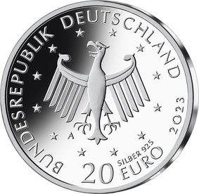 Die Wertseite zeigt einen Adler, der von den zwölf Europasternen umgeben ist. Im umlaufenden äußeren Bereich des Münzrundes befinden sich der Schriftzug „Bundesrepublik Deutschland“, die Wertziffer „20“, die Wertbezeichnung „Euro“, die Jahreszahl „2023“ sowie die Angabe „SILBER 925“. Das Münzzeichen „A“ steht links unter dem Adler in direkter Nähe.