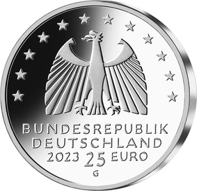 Die Wertseite zeigt einen Adler mit den oben umlaufenden zwölf Europasternen. Unter dem Adler befinden sich der Schriftzug „Bundesrepublik Deutschland“, die Jahreszahl „2023“, die Wertziffer „25“, die Wertbezeichnung „Euro“ sowie das Prägezeichen „G“.