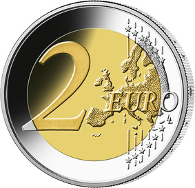 Die Wertseite der Münze und die Randschrift (Schriftzug „EINIGKEIT UND RECHT UND FREIHEIT“ sowie eine stilisierte Darstellung des Bundesadlers) entsprechen der 2-Euro-Umlaufmünze.
