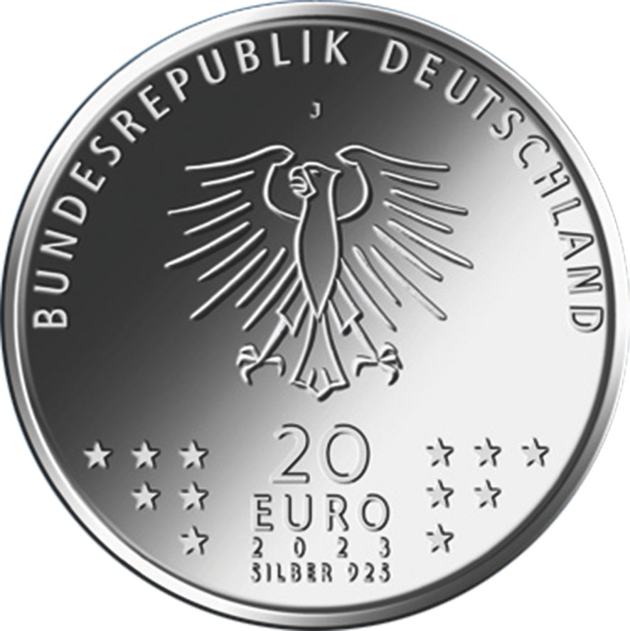 Die Wertseite ergänzt die Bildseite in identischer Bildsprache. Sie zeigt einen mit wenigen Linien gezeichneten, würdigen Adler mit oben umlaufendem Schriftzug „Bundesrepublik Deutschland“. Unter dem Adler werden die untereinander angeordneten Angaben „20“, „Euro“, „2023“ und „Silber 925“ beidseitig von den zwölf Europasternen umrahmt.