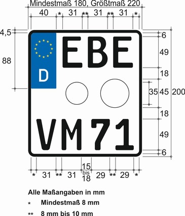 Es wird beispielhaft ein Kraftradkennzeichen nebst Bemaßung dargestellt. Das Kennzeichen weist ein Mindestmaß von 180 mm und ein Größtmaß von 340 mm auf und ist 200 mm hoch. Die Ecken des Kennzeichens sind abgerundet. Der Rand des Kennzeichens ist schwarz. In der ersten Zeile an der linken oberen Seite des Kennzeichens befindet sich ein Euro-Feld, wie bereits zuvor beschrieben. Rechts daneben in einem Abstand von mindestens 8 mm sind die Buchstaben EBE in schwarzer Mittelschrift, wie bereits zuvor beschrieben, abgebildet. Das Mindestmaß für den Abstand zwischen dem Eurofeld und den Buchstaben EBE beträgt 8 mm. Unterhalb der Buchstaben EBE sind die vorgesehenen Felder für die Plaketten, wie zuvor beschrieben, abgebildet. Das kleinere mit einem Durchmesser von 35 mm ist linksseitig des größeren angesiedelt, welches einen Durchmesser von 45 mm hat. In der nächsten Zeile mit einem Mindestabstand von 8 mm schließen sich die Buchstaben VM in schwarzer Mittelschrift, wie bereits zuvor beschrieben, an. Der Abstand zwischen den Buchstaben V und M beträgt zwischen 8 bis 10 mm. In einem Abstand von 15 bis 18 mm schließt sich Zahlenfolge 71 in schwarzer Mittelschrift an. Der Abstand zwischen den einzelnen Ziffern dieser Zahlenfolge beträgt ebenfalls zwischen 8 bis 10 mm.
