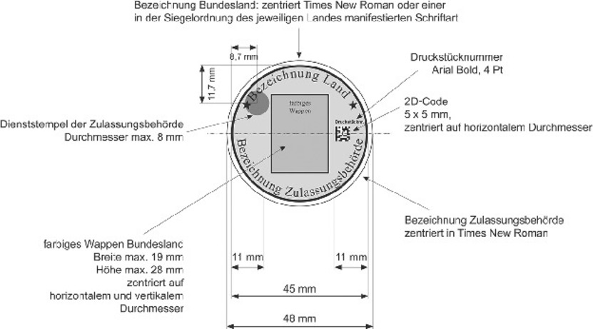 Es wird eine schematische Abbildung Stempelplakette nebst Bezeichnung der Bestandteile und Bemaßung dargestellt. Die Stempelplakette ist rund und hat einen Durchmesser von 45 mm. Dem oberen Rand folgend ist die Bezeichnung des Bundeslandes zentriert in der Schrift Times New Roman oder einer anderen der Siegelordnung des jeweiligen Landes manifestierten Schriftart enthalten. Am linken Rand unterhalb der Landesbezeichnung befindet sich der Dienststempel der Zulassungsbehörde mit einem Durchmesser von maximal 8 mm. Dem unteren Rand folgend ist die Bezeichnung der Zulassungsbehörde zentriert in der Schriftart Times New Roman enthalten. In der Mitte der Stempelplakette befindet sich das farbige Wappen des jeweiligen Bundeslandes mit einer Breite von maximal 19 mm und eine Höhe von maximal 28 mm zentriert auf horizontalem und vertikalem Durchmesser. Rechtsseitig am horizontalen Durchmesser entlang befindet sich die Druckstücknummer Schrift Arial Bold, 4 Pt. Darunter ist ein 2D-Code, 5x5 mm, zentriert auf dem horizontalen Durchmesser abgebildet.