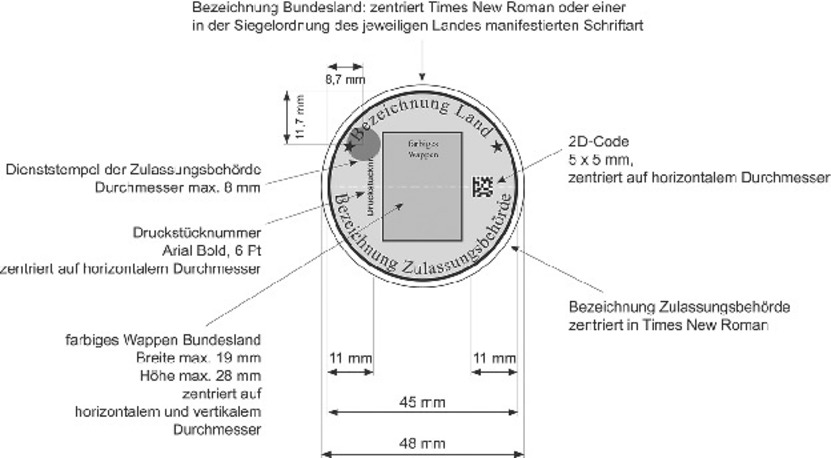 Es wird eine schematische Abbildung Stempelplakette nebst Bezeichnung der Bestandteile und Bemaßung dargestellt. Die Stempelplakette ist rund und hat einen Durchmesser von 45 mm. Dem oberen Rand folgend ist die Bezeichnung des Bundeslandes zentriert in der Schrift Times New Roman oder einer anderen der Siegelordnung des jeweiligen Landes manifestierten Schriftart enthalten. Am linken Rand unterhalb der Landesbezeichnung befindet sich der Dienststempel der Zulassungsbehörde mit einem Durchmesser von maximal 8 mm. Darunter befindet sich zentriert auf dem horizontalen Rand mit einem Abstand von 11 mm zum Rand die Druckstücknummer Schrift Arial Bold, 6 Pt.. Dem unteren Rand folgend ist die Bezeichnung der Zulassungsbehörde zentriert in der Schriftart Times New Roman enthalten. In der Mitte der Stempelplakette befindet sich das farbige Wappen des jeweiligen Bundeslandes mit einer Breite von maximal 19 mm und eine Höhe von maximal 28 mm zentriert Rechtsseitig zentriert auf dem horizontalen Durchmesser befindet sich ein 2D-Code, 5x5 mm.