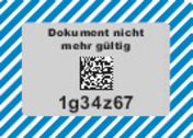 Es wird eine beispielhafte Abbildung zur darunterliegenden Markierung mit Sicherheitscode nach Sichtbarmachung, wie zuvor beschrieben, dargestellt. Im Silbergrauen Feld steht der Text „Dokument nicht mehr gültig. “ Darunter befindet sich ein QR-Code und die Zeichenabfolge 1g34z67.