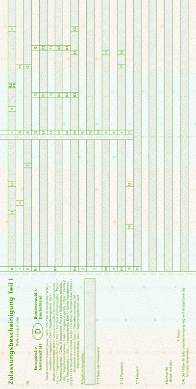 Es wird die Vorderseite einer Zulassungsbescheinigung Teil I mit folgendem Inhalt abgebildet: Überschrift: Zulassungsbescheinigung Teil I (Fahrzeugschein) Europäische Gemeinschaft (D) Bundesrepublik Deutschland Übersetzung der Überschrift in verschiedene Sprachen Feld A: Amtliches Kennzeichen, Feld C 1.1: Name oder Firmenname des Halters, Feld C 1.2: Vorname(n), Feld C 1.3: Anschrift, Feld X: Nächste HU, Monat und Jahr, Feld I: Ausstellungsdatum des Fahrzeugscheins, Feld C.4c: Der Inhaber der Zulassungsbescheinigung wird nicht als Eigentümer des Fahrzeugs ausgewiesen. Feld B, 2.1, 2.2, Feld J, 4, Feld E, Feld D.1, Feld D.2, Feld D.3, Feld 2, Feld 5, Feld V.9, Feld 14, Feld P.3, Feld 10, Feld 14.1, Feld P 1, Feld 22, Feld L, Feld 9, Feld P2 und P4, Feld T, Feld 18, Feld 19, Feld 20 Feld G, Feld 12, 13, Q, Feld V.7, F1, F2, Feld 7.1, 7.2, 7.3, Feld 8.1, 8.2, 8.3, Feld U.1, U.2, U.3, Feld Q.1, Q.2, S.1, S.2, Feld 15.1, Feld 15.2, Feld 15.3, Feld R, 11, Feld K, Feld 6, 17, 16, Feld 21.