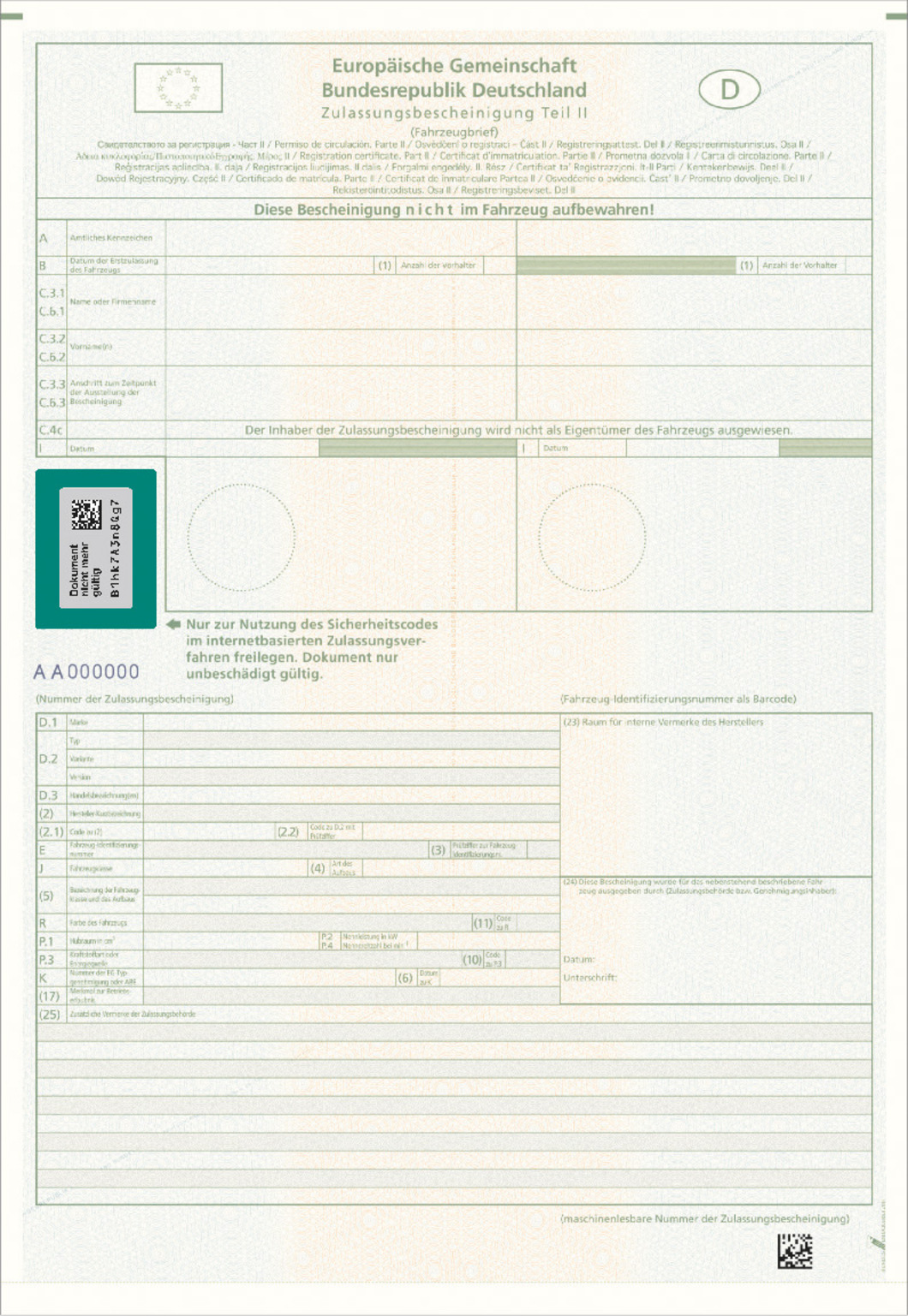 Es erfolgt die Abbildung der Zulassungsbescheinigung Teil II mit freigelegter Markierung, der Inhalt entspricht dem der vorigen Abbildung.