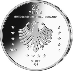 Die Wertseite zeigt im Zentrum der Münze einen Adler, mit oben umlaufendem Schriftzug „Bundesrepublik Deutschland“. Über dem Adler befinden sich untereinanderstehend die Wertziffer „20“, die Wertbezeichnung „Euro“ und der Schriftzug „Bundesrepublik Deutschland“. Seitlich und unter dem Adler sind die zwölf Europasterne, das Prägezeichen „D“, die Jahreszahl „2023“ sowie die Angabe „SILBER 925“ gesetzt.