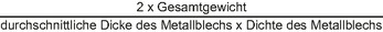 Berechnungsformel: zweimal das Gesamtgewicht ins Verhältnis gesetzt zum Produkt aus der durchschnittlichen Dicke des Metallblechs und der Dichte des Metallblechs.