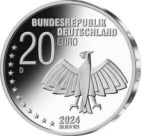 Der lebendigen Bildseite folgt die Wertseite mit ihrer Adlergestaltung. Sie zeigt ferner die zwölf Europasterne, den Schriftzug „BUNDESREPUBLIK DEUTSCHLAND“, Wertziffer und Wertbezeichnung, die Jahreszahl „2024“, das Prägezeichen „D“ und die Angabe „SILBER 925“.