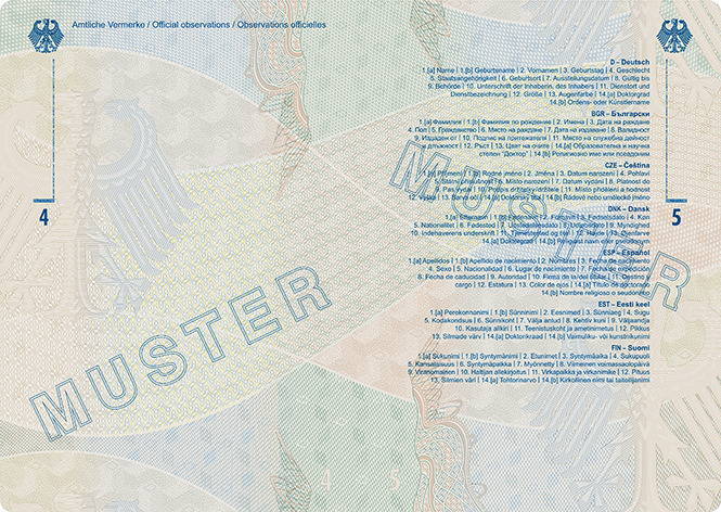 Abbildung der Passbuchinnenseiten 4 und 5 des Diplomatenpasses