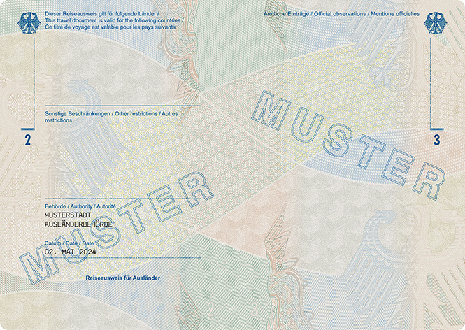 Abbildung der Passbuchinnenseiten 2 und 3 des Reiseausweises für Ausländer
