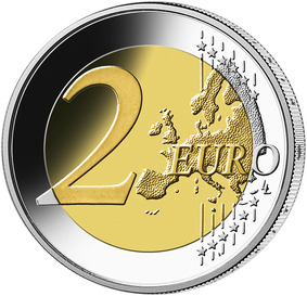 Die Wertseite der Münze und die Randschrift (Schriftzug „EINIGKEIT UND RECHT UND FREIHEIT“ sowie eine stilisierte Darstellung des Bundesadlers) entsprechen der 2-Euro-Umlaufmünze.