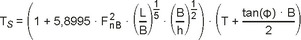 Die Abbildung stellt folgende Formel dar: T tiefgestellter Index S gleich Klammer auf 1 plus 5,58995 mal F zum Quadrat tiefgestellter Index nB mal Klammer auf L geteilt durch B Klammer zu hoch 1 geteilt durch 5 mal Klammer auf B geteilt durch h Klammer zu hoch eins geteilt durch zwei Klammer zu mal Klammer auf T plus Tangens Klammer auf Phi Klammer zu mal B geteilt durch zwei Klammer zu.
