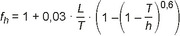 Die Abbildung stellt folgende Formel dar: f tiefgestellter Index h gleich eins plus 0,003 mal L geteilt euch T mal Klammer auf eins minus Klammer auf eins minus T geteilt durch h Klammer zu hoch 0,6 Klammer zu.