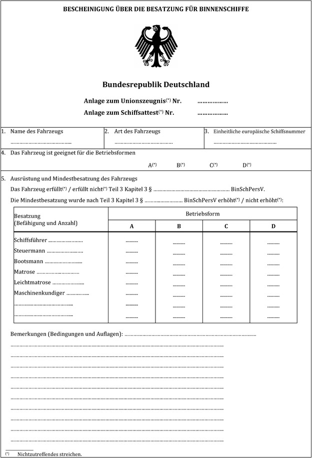 Die Abbildung zeigt das Muster zur Bescheinigung über die Besatzung von Binnenschiffen. Abgebildet ist die Seite 1.
