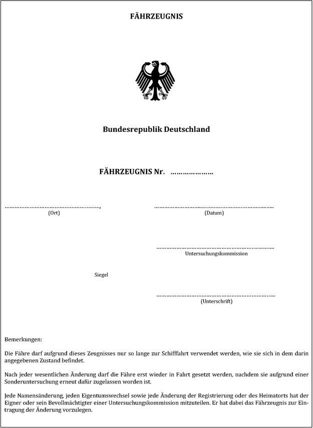 Die Abbildung zeigt das Muster eines Fährzeugnisses. Abgebildet ist die Seite 1.