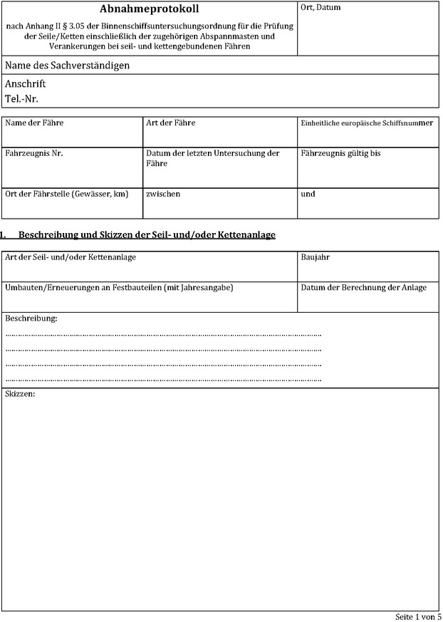 Die Abbildung zeigt das Muster für ein Abnahmeprotokoll zur Prüfung von seil- und kettengebundenen Fähren. Abgebildet ist Seite 1.