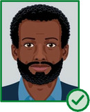 Illustration einer bärtigen Person mit geradem und mittig positioniertem Kopf.