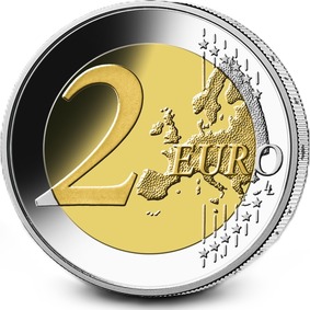 Die Wertseite der Münze und die Randschrift (Schriftzug „EINIGKEIT UND RECHT UND FREIHEIT“ sowie eine stilisierte Darstellung des Bundesadlers) entsprechen der 2-Euro-Umlaufmünze.
