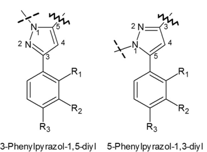 Kernstruktur der chemischen Verbindung 3-Phenylpyrazol-1,5-diyl und 5-Phenylpyrazol-1,3-diyl